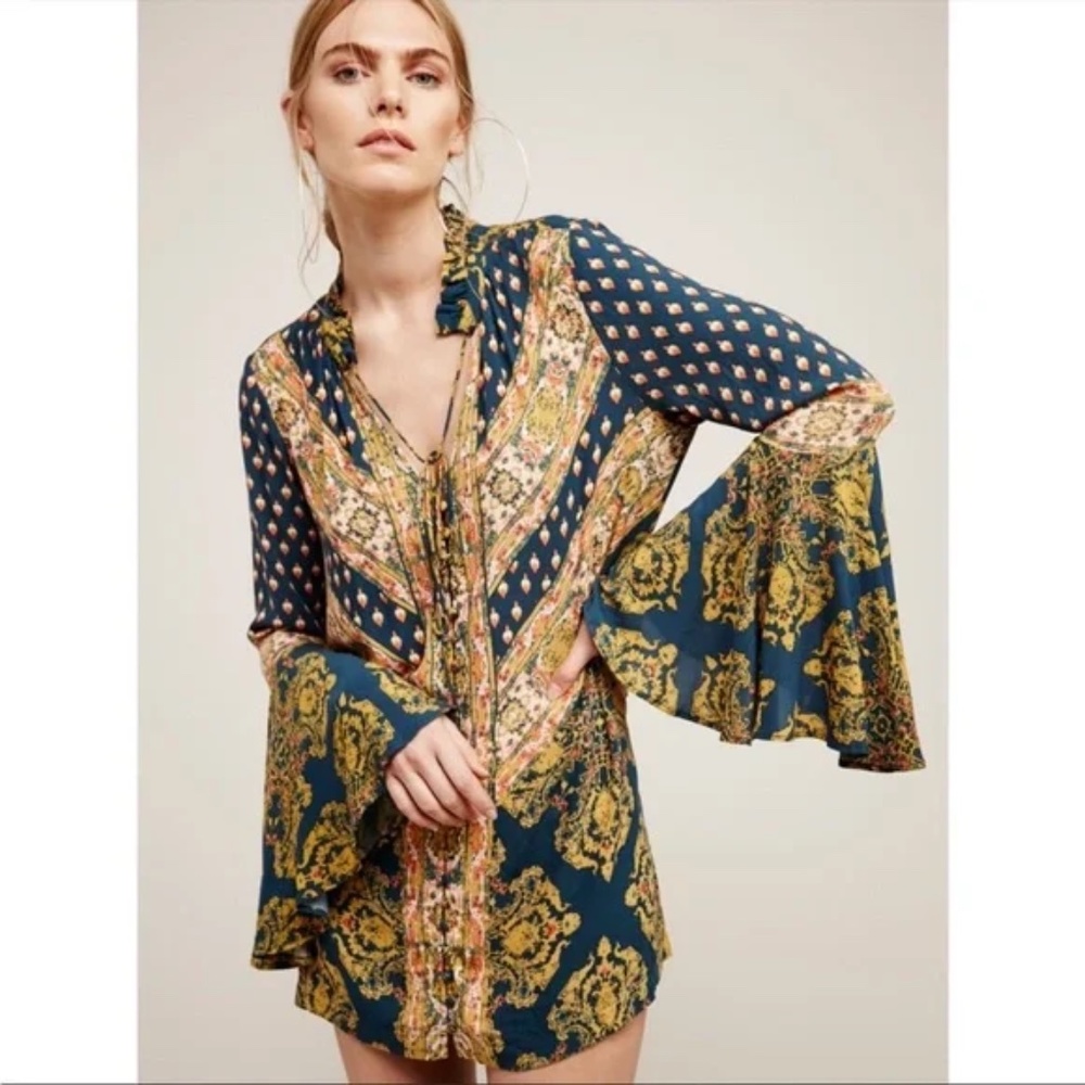 FREE PEOPLE Magic Mystery Boho Tunic Blue/Tan M
